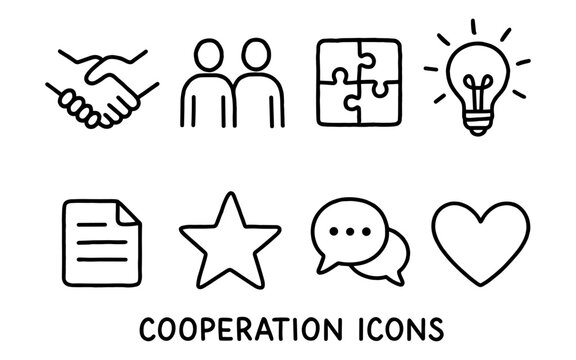 Simple cooperation icons set featuring handshake, puzzle, and light bulb