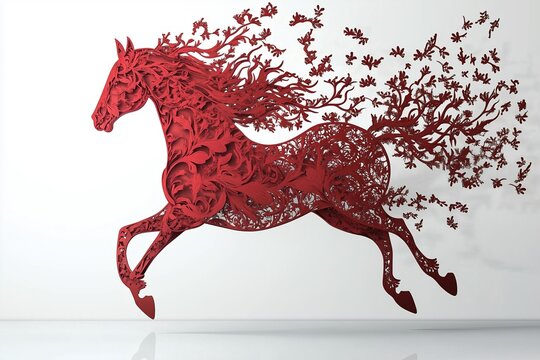 Paper-cut red horse with intricate patterns, symbolizing the 2026 Year of the Fire Horse, isolated on a white background.