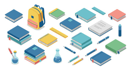 Isometric school supplies collection: books, backpack, stationery, and laboratory equipment