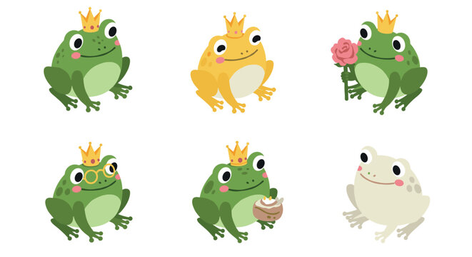 Whimsical frog prince characters with crowns and accessories in cute style