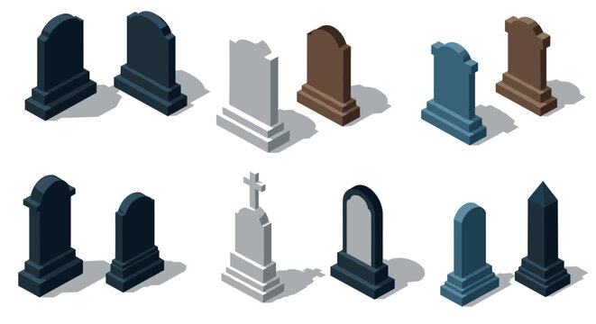 Isometric gravestone collection: diverse tombstone set in different colors and shapes