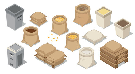 Isometric grain and sacks collection with storage bins on white background