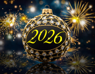 Fototapeta na wymiar Napis 2026 na ozdobnej bombce. W tle fajerwerki. Sylwester, Nowy Rok