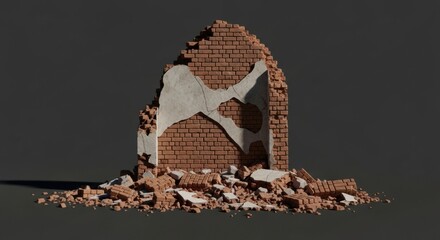 A 3D render of a ruined red brick wall with broken plaster, standing amid a pile of rubble and debris on a dark background. Concept for destruction or archeology.