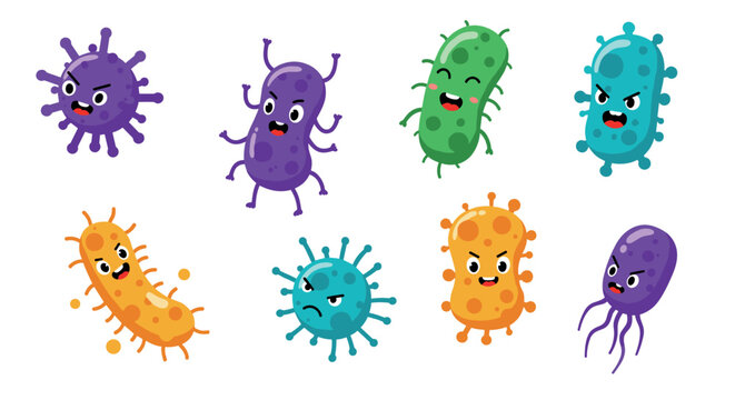 Colorful cartoon bacteria characters with expressions for educational designs