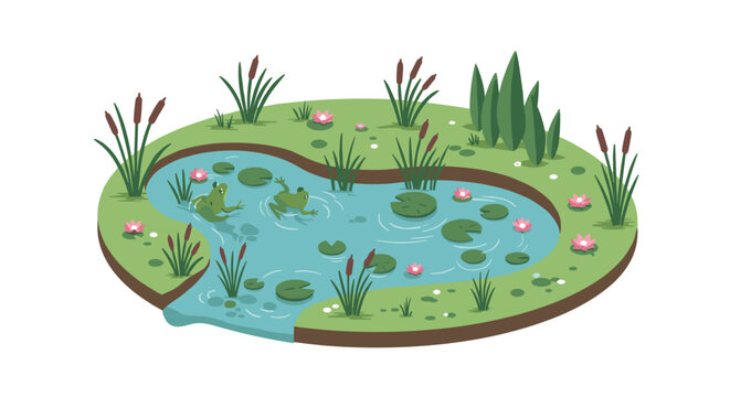 Peaceful garden pond scene with frogs and water lilies in flat style