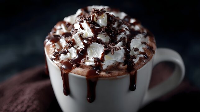A close up view of a steaming mug of hot chocolate generously topped with whipped cream and chocolate syrup