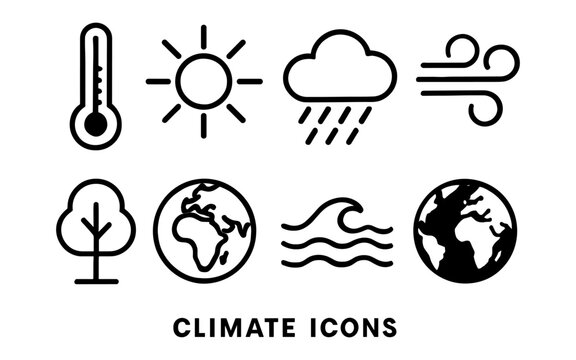 Linear climate icons set featuring weather and nature symbols