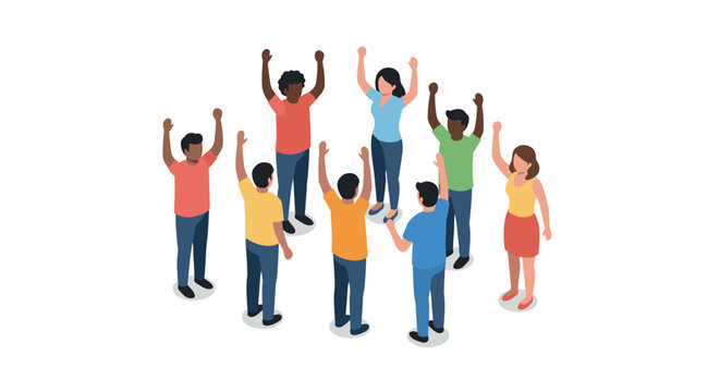 Diverse group celebrating unity in isometric style on white background