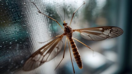 A detailed ro photograph of a crane fly resting on a wet window screen with condensation