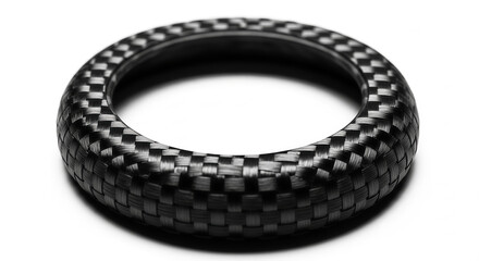 Close-up macro shot of a textured carbon fiber ring with a unique woven pattern on a plain white background, showcasing intricate material detail
