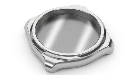 Isolated metallic watch case component, featuring a polished, reflective surface and precision engineering, essential for luxury timepiece manufacturing and accessory design