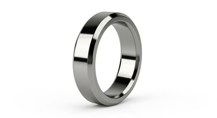 Sleek metallic ring with a modern beveled edge, polished to a high shine, ideal as a contemporary wedding band or elegant fashion accessory, isolated on a pristine white background for product display