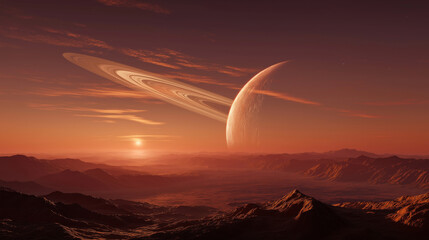 Sunset on Titan with Saturns rings dominating the sky