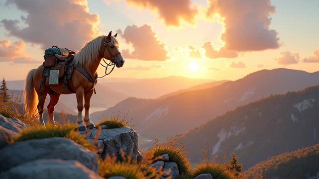 Majestic packhorse standing on a cliff overlooking a mountain valley at sunset with copy space