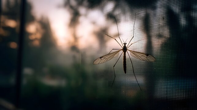 A delicate crane fly rests on a window screen silhouetted against a soft warm sunset