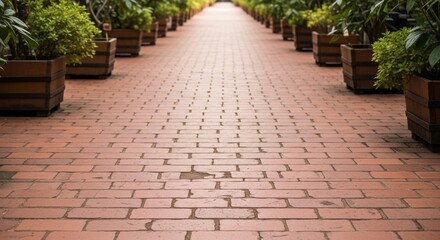 Fototapeta premium A long, straight red brick path leading into the distance, lined with lush green plants in wooden planters. A beautiful perspective for garden or travel concepts.