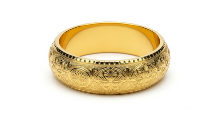 Elegant wide gold band ring with intricate decorative engravings and ornate patterns. Luxurious craftsmanship and timeless design, beautifully presented on a clean white background