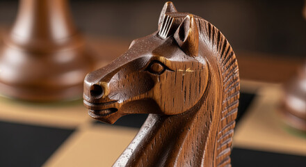 Wooden Knight Chess Piece Close-Up on Game Strategy