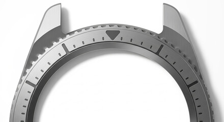 Sleek metallic diver's watch bezel with precision markers. A macro illustration of a modern timepiece component showcasing technical design on a white background