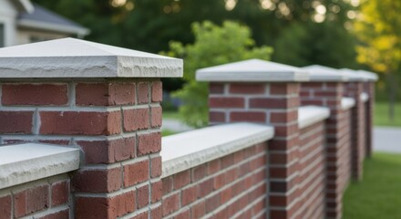 An elegant red brick fence with white stone caps and pillars, defining the boundary of a beautiful suburban property with a lush green lawn and trees.