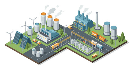 Obraz premium Sustainable energy and industrial zone in isometric design with solar panels and wind turbines