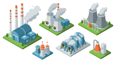 Obraz premium Isometric industrial power plant collection with cooling towers and pipelines