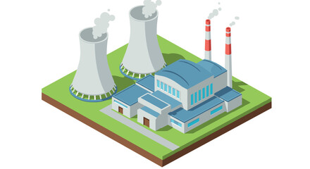 Naklejka premium Isometric nuclear power plant with cooling towers on grass platform
