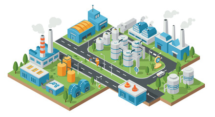 Isometric industrial park with factories, roads, and green spaces