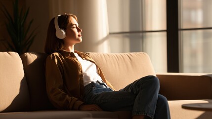 Fototapeta premium Young woman relaxing on a sofa with headphones, enjoying music in a sunlit living room