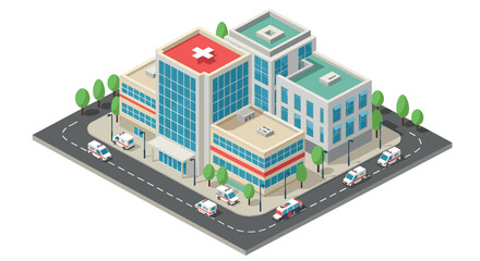 Modern isometric hospital complex with ambulances and trees on city streets