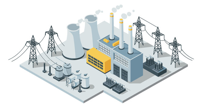 Isometric power plant and infrastructure elements with cooling towers and power lines