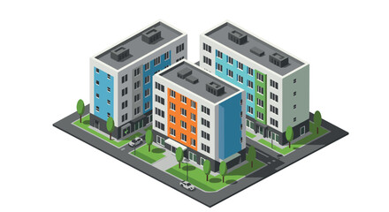 Colorful isometric urban apartments with street view and greenery