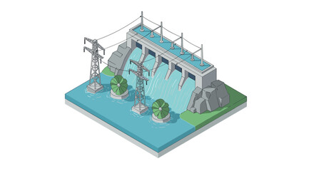 Naklejka premium Isometric hydroelectric power station with flowing water and turbines