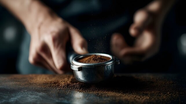 A barista prepares fresh espresso grounds in a portafilter with coffee dust scattering highlighting the art of coffee making