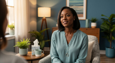 Attentive Black female therapist listening to a patient during a counseling session. Professional psychologist providing support in a modern office