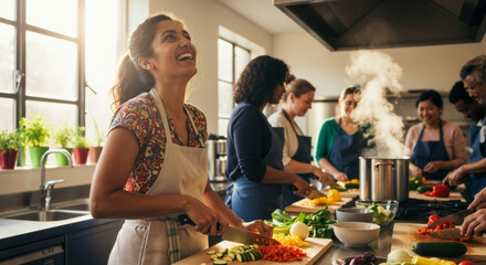 Happy South Asian woman laughing during a cooking class. Diverse group of people preparing a healthy meal together in a sunlit kitchen. Culinary workshop and community concept