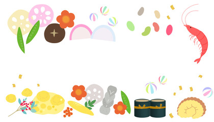 Fototapeta premium おせち料理のフレームイラスト 年賀状イラスト素材 和食