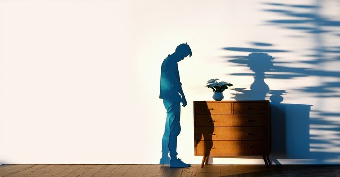 Silhouette depicts person near dresser. Light creates dramatic shadow patterns, suggesting introspection, solitude. Minimalist aesthetic.