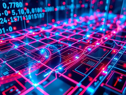 Futuristic digital circuit glowing red blue, technology network data connection