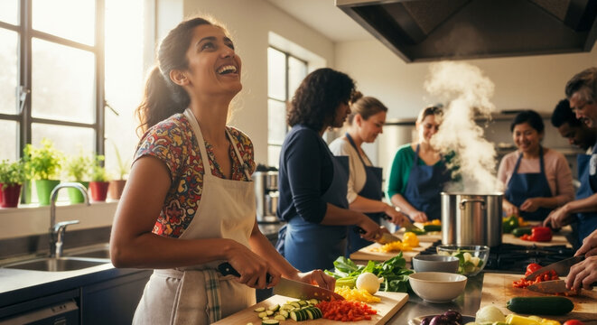 Happy South Asian woman laughing during a cooking class. Diverse group of people preparing a healthy meal together in a sunlit kitchen. Culinary workshop and community concept