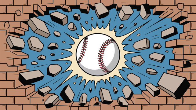 A baseball breaking through a brick wall with debris flying outwards in a cartoon style image