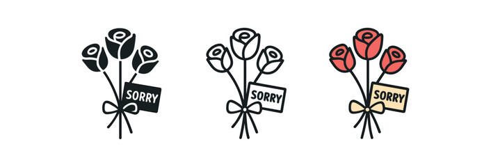apology bouquet icon on white background Black silhouette flat icon outline icon and colored icon style. 1x3 grid. three minimal vector icon style. centered composition clear white space
