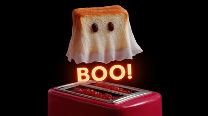 Digital illustration of a red toaster with the word "boo!" written in orange neon letters above it. on top of the toaster, there is a slice of white bread with two small black eyes on it.