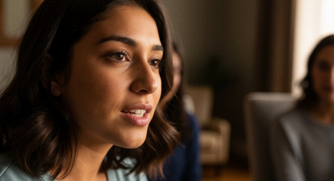 Close-up of an attentive young woman engaged in a group conversation. Hispanic female participating in a support group or therapy session