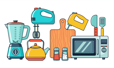 Colorful Kitchen Appliances and Cooking Utensils Flat Line Art Vector