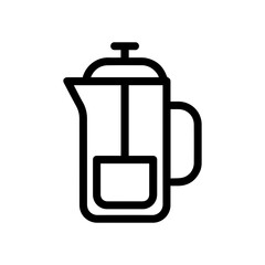 Minimalist black and white line illustration of a French press coffee maker with handle and plunger, isolated on a white background, symbolizing coffee brewing and café culture.