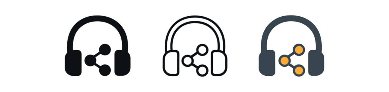 shared playlist headphones icon on white background Black silhouette flat icon outline icon and colored icon style. 1x3 grid. three minimal vector icon style. centered composition clear