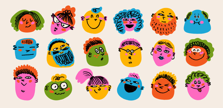 Colorful face doodle emoji in crayon style with playful smile and cartoon hand-drawn texture. Face icons and emoji doodle with crayon sketch effect. Perfect for stickers, posters, children projects.