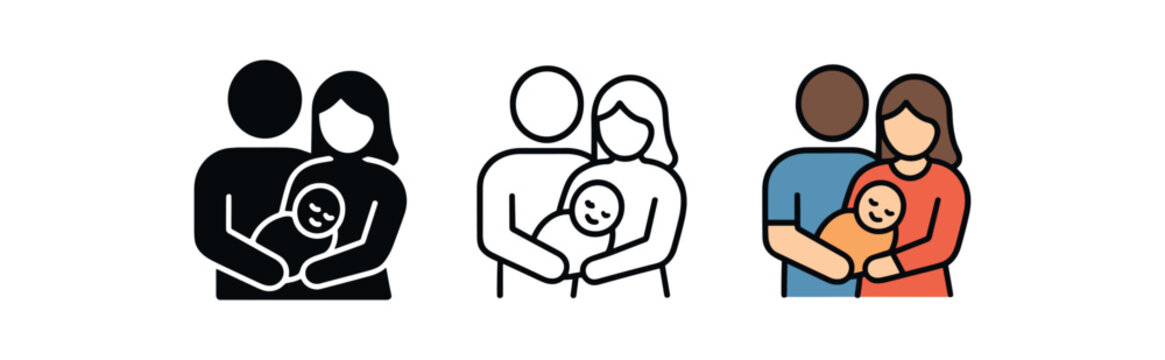 parents holding baby icon on white background Black silhouette flat icon outline icon and colored icon style. 1x3 grid. three minimal vector icon style. centered composition clear white
